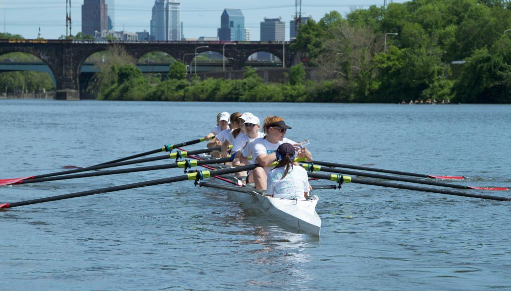 The womens first varsity boat prepares to race at the Stotesbury Cup on May 17.