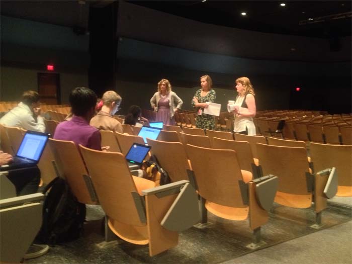 Counselors met with National Merit semifinalists in the auditorium.