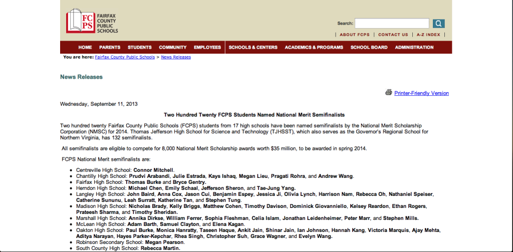 Screenshot from the Fairfax County Public Schools' 2013 press release.