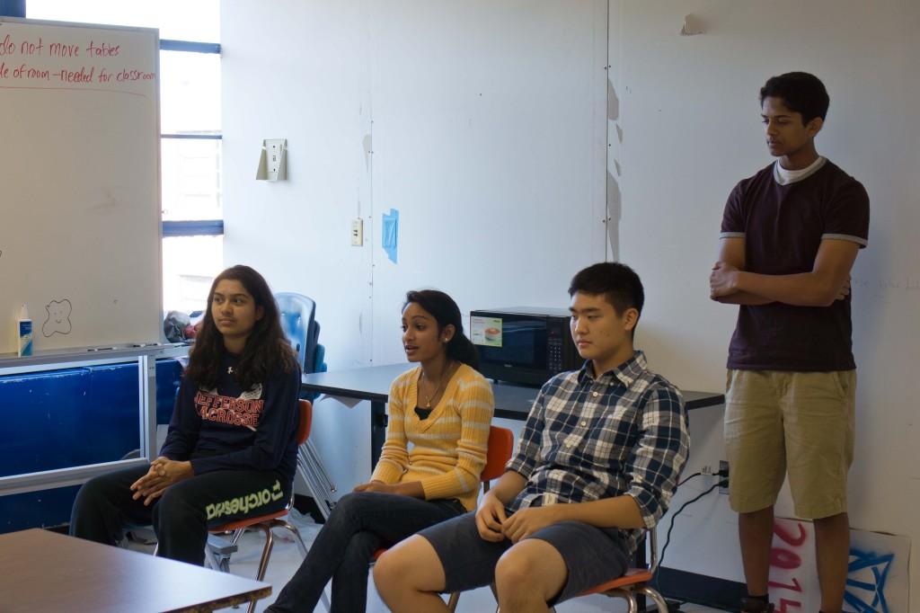 Left to right: junior Rhea Sharma, senior Priya Raju, junior Sean Lee and senior Tarun Prabhala gave advice to freshmen and sophomores during the session.