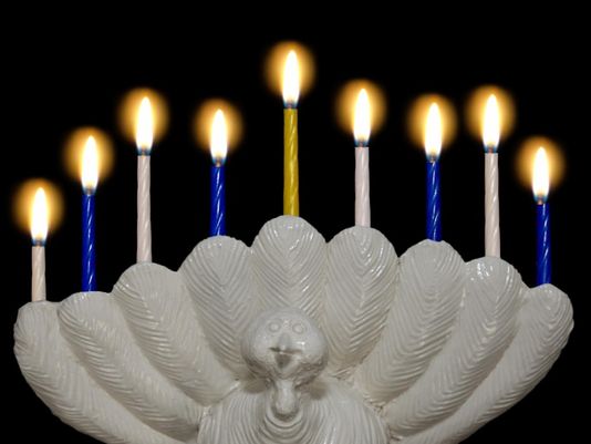 A unique menorah lit by Jefferson students in celebration of Thanksgivikkuh.