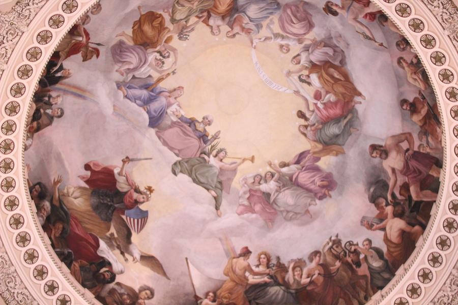 Constantino Brumidi’s “The Apotheosis of Washington was painted on the ceiling of the rotunda inside the Capitol Building in 1865. 