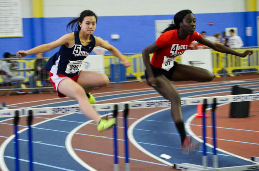 Sophomore+Claire+Dong+%28left%29+placed+sixth+in+the+55-meter+hurdles%2C+qualifying+for+the+state+championships.