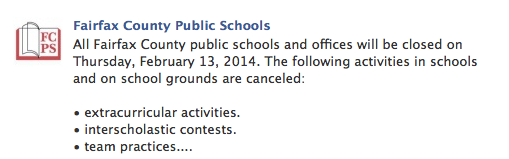 FCPS announced that Feb. 13 was going to be cancelled a little after 6:30 p.m..