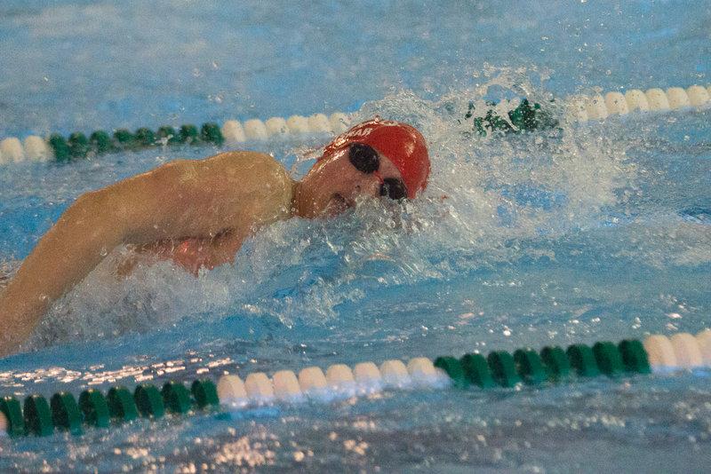 Junior Andrew Seliskar swimming the final leg of the boys' 4x100m freestyle relay.  Photo courtesy of Will Ashe.