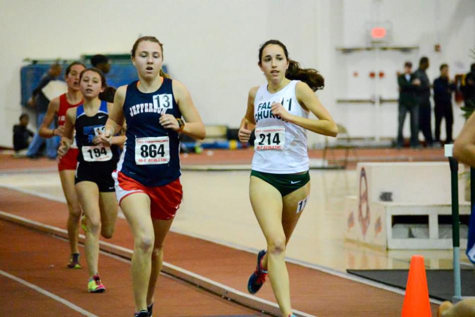 Junior Haley Stumvoll (number 13) races in the 3200-meter run, finishing seventh out of 13 runners.