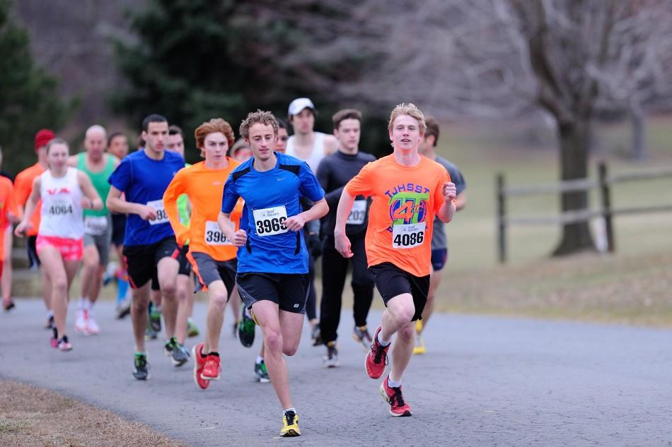 Juniors Remy Freire and Mitch Woodhouse lead the pack at the start of the Pi-MIler.