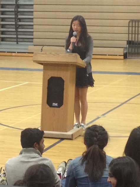Sophomore Christine Li gives her campaign speech on April 28 during B block of eighth period. Photo by Anshula Rudhraraju.