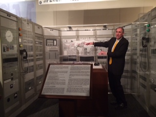 Tour guide at the NSAs National Cryptologic Museum explains the use of the Sigsaly behind him, which was used for telephone class and digital communications throughout the Second World War to the Jefferson students. 