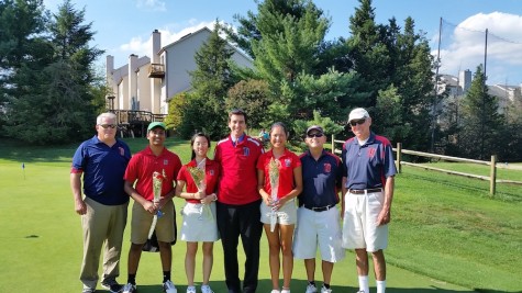 Seniors Rohan Saini, Sandy Cho and Julie Luo stand with  Director of Student Activities and Athletics Rusty Hodges, Principal Evan Glazer and Coaches John Myers and Rick Whittenberger on Sept. 4.