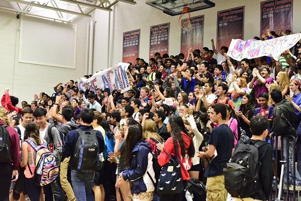 Sophomore class cheers during Homecoming pep rally.