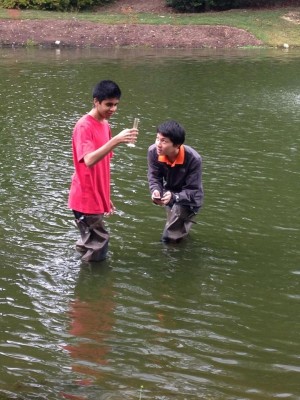 Students at Green Springs test water turbidity in a pond for their IBET research project.