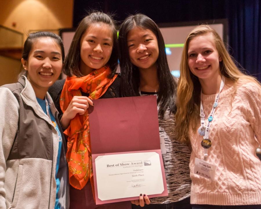 Left to right: Senior Helen Zhang, juniors Valerie Chen and Peng-Peng Liu and sophomore Brittany Czik represented Techniques at the JEA/NSPA convention and collected a sixth place Best of Show award.