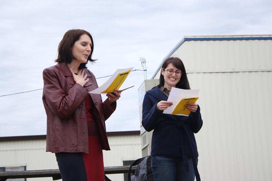 English teacher Denise Castaldo and history department chair Rebecca Schgallis welcomes the crowd during the Opening Remarks and Thanks.