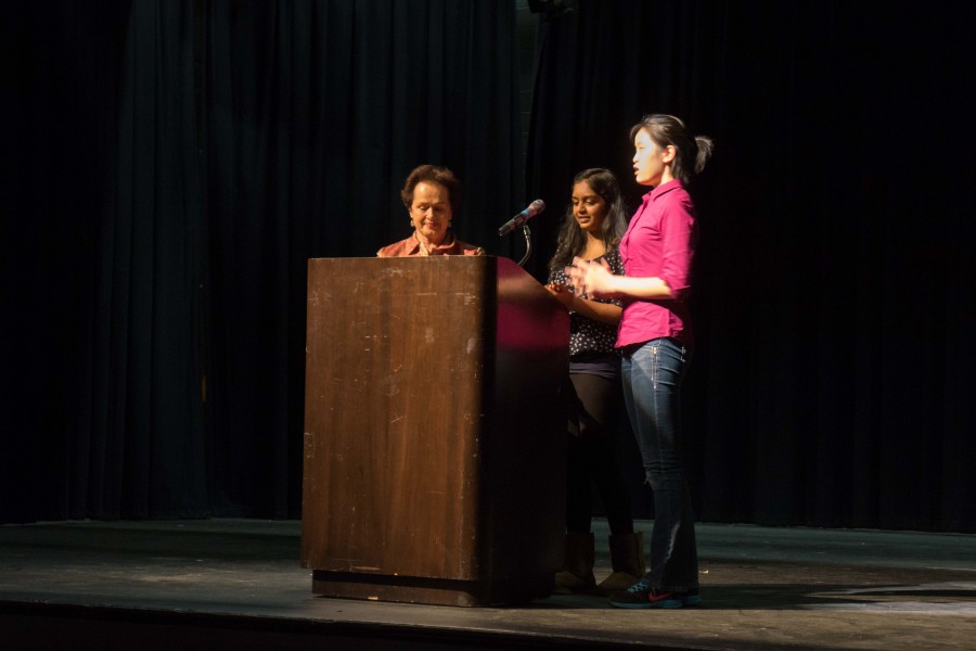 Freshman Niharika Vattikonda (center) and junior Wendy Wang (right) thank Ambassador Fritsche (left) for speaking at Jefferson.