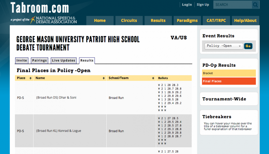 Photo courtesy of www.tabroom.com. Debaters were able to receive immediate notice about their next debate rounds and opponents through the website. 