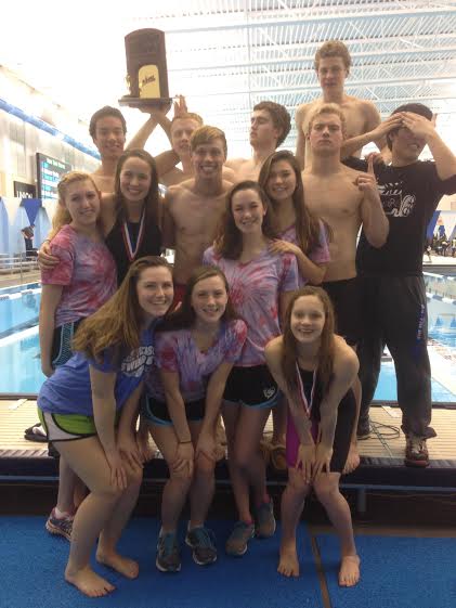 Seniors Gerry Wan, Joseph Doran, Luke Thorsell, Thomas Rogers, Andrew Seliskar, Quintin Frierichs, Peter Kim, Annie Thomas, Sophie Bennett, Taylor Quinn, Anna Weidman, Callan Monette, Jessie Heise and Carrie Heilbrun celebrate the Swim and Dive Teams success at the state championships.