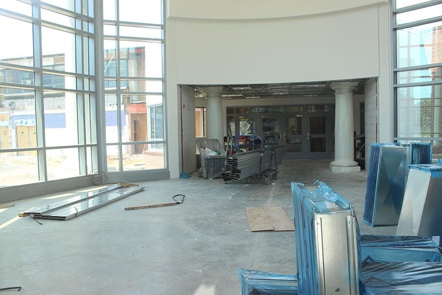 The inside of the front dome is currently filled with construction supplies.