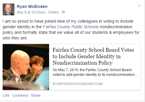 FCPS School Board Member Ryan McElveen headed the initiative to add gender identity to the nondiscrimination policy.