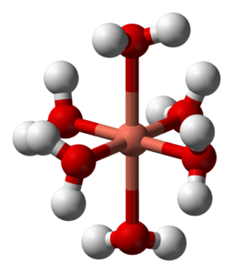 Hexaaquacopper(II) complex is a molecule that has been tetragonally distorted by the Jahn-Teller Effect, as can be seen in its ball and stick model.