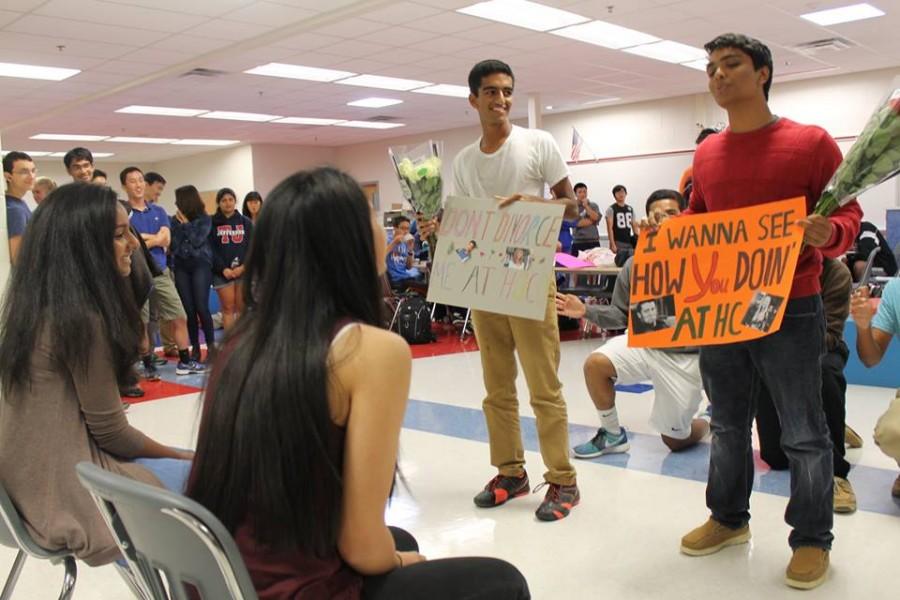 Seniors Sruthi Kodali and Ananya Suri are asked to homecoming by seniors Nikhil Ramachandran and Srikar Kosuri, respectively, with humorous posters.