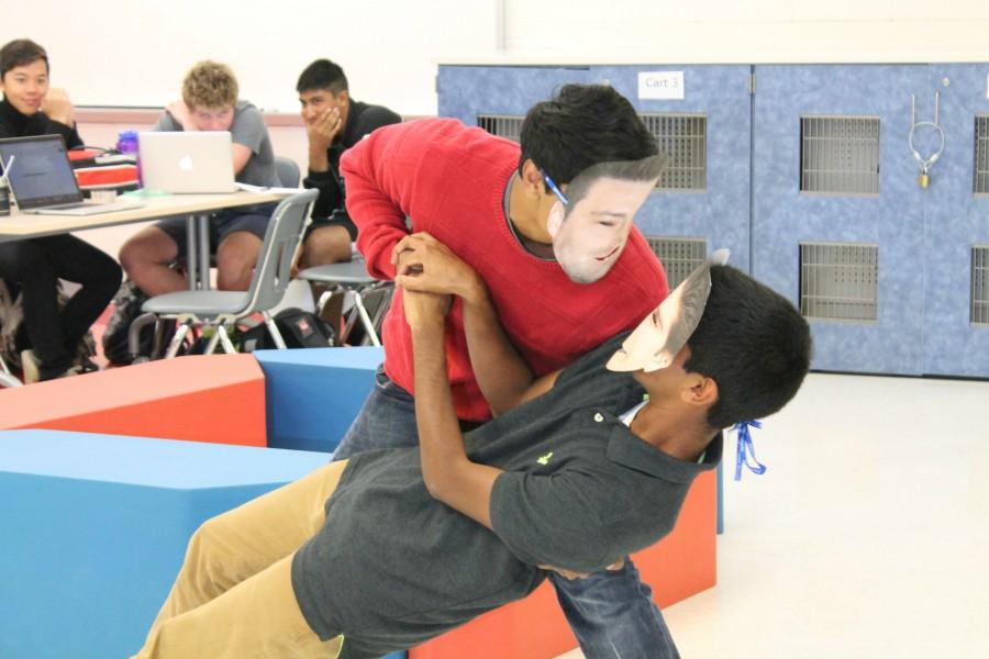 Seniors Srikar Kosuri and Nikhil Ramachandran reenact a skit from Friends to ask seniors Ananya Suri and Sruthi Kodali to homecoming.