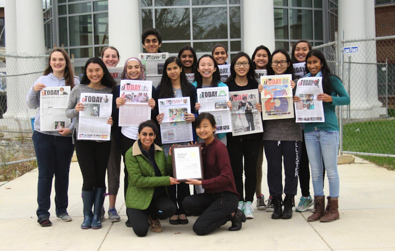 The tjTODAY staff for 2015-16 celebrates induction into the NSPA Hall of Fame. 