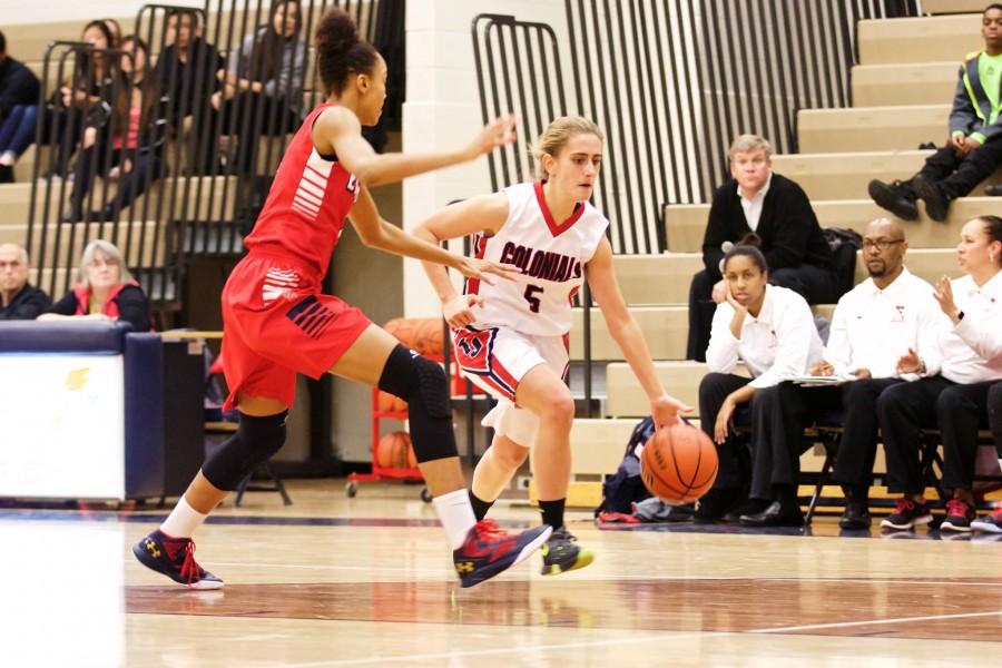 Junior Dana Scheetz makes her way across the court at the doubleheader against Edison High School. The games took place at Jefferson on Jan. 15