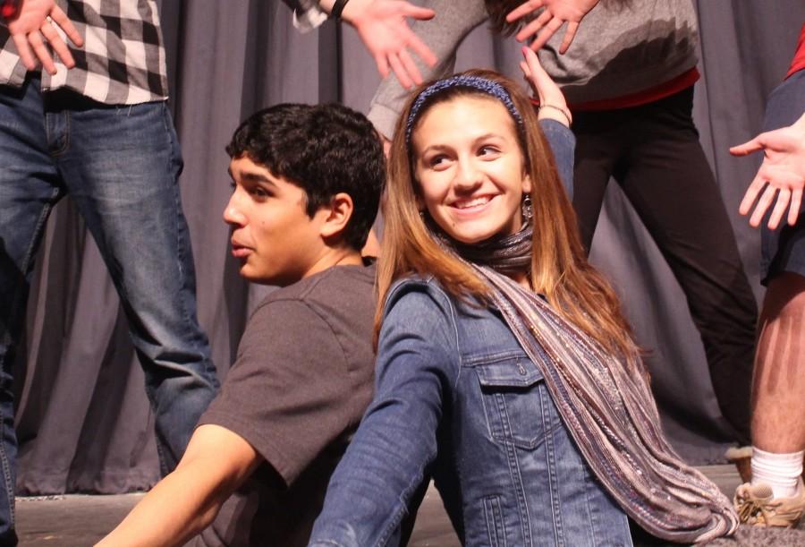 Junior Aaryan Balu and senior Sophia Martinese rehearse the opening scene of The Little Mermaid's second act after school. 