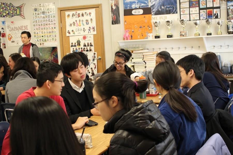 Japanese foreign exchange students converse with American peers during a lunch social on Wed, December 6th. 