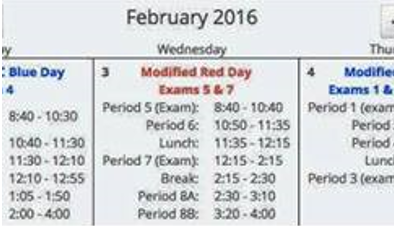 After a week of changing schedules and snow days, the midterm schedule for the last week of the semester has been created. This is part of the finalized schedule with the assumption that there are no more unexpected days off.