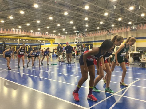 Track athletes line up in preparation for their next event on Day 2 of the Liberty Conference Championships at Thomas Jefferson Middle School.