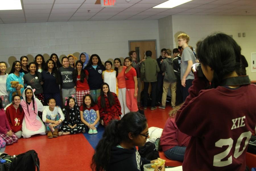 Many students wore their pajamas to school during Active Minds's pajama day. Sophomore class council treasurer Sherry Xie takes a photo of sophomores showing their support of mental wellness.