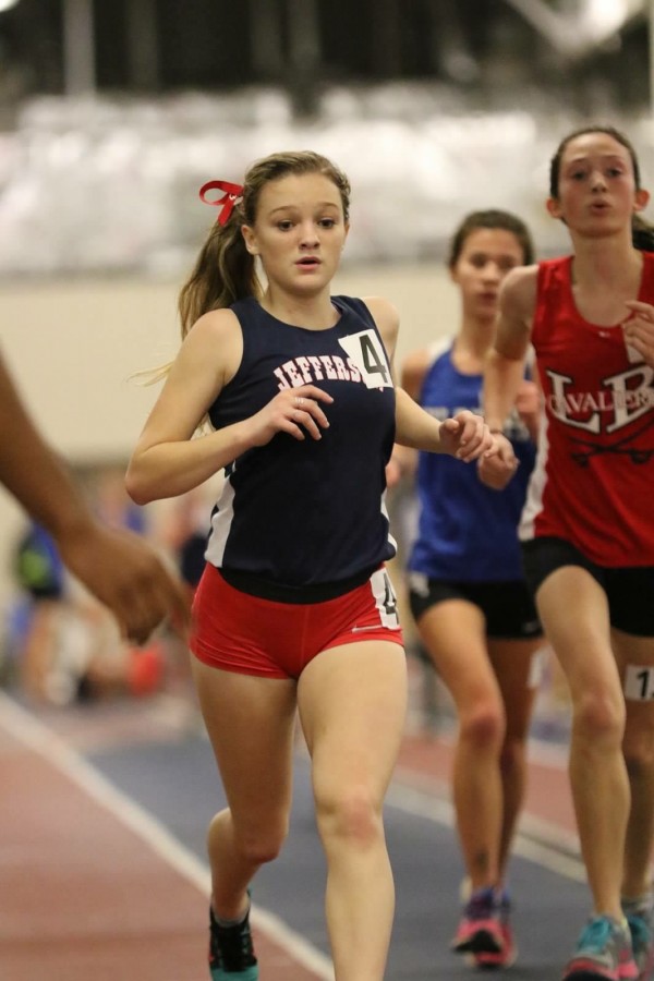 Junior Nora Thompson gives her all at a track meet.  Thompson has been participating in Jefferson track since freshman year.