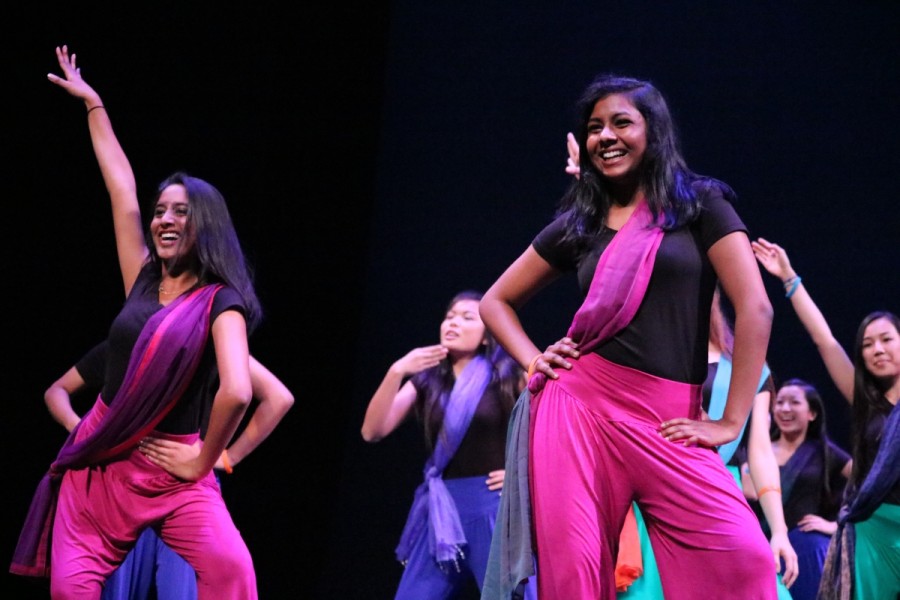 Students like sophomore Shivani Mullapadi (left) and junior Divya Shan (right) enjoyed themselves as they danced in Namaste Underclassmen Girlss dance.