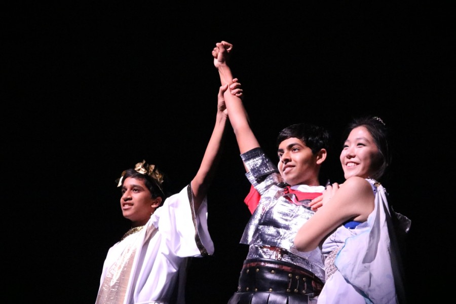With their first time on the stage, Latin Club puts on a powerful performance with the help of junior Akshay Balaji (left), junior Prathik Naidu (middle) and senior Irene Song (right).