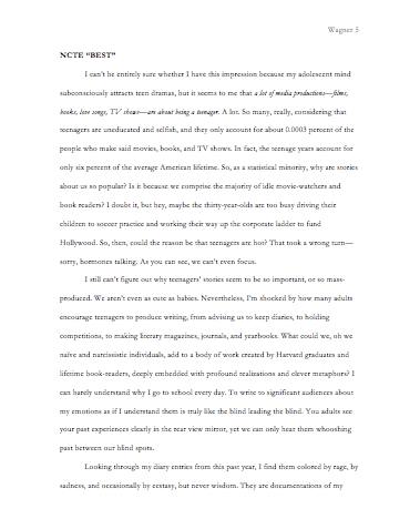 Junior Bayliss Wagner, whose writing is pictured, was one of three Jefferson juniors to receive an Achievement Award in Writing from the National Council of Teachers of English (NCTE). She was especially pleased to have received the award due to the creative risks she took with her writing.