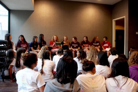 Members of the Jefferson girls crew team gather to listen to senior speeches. The Jefferson crew senior night was on May 20 during their stay in Philadelphia, Pa. for the Stotesbury Cup Regatta.