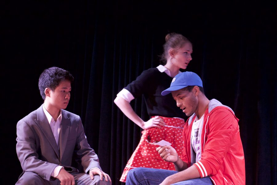 Juniors Brittany Csik and Timothy Chan and senior Connor Jones perform "The Philadelphis" directed by Sarah Gold. The Jefferson drama department's 29th Annual Knight of One Axe was held on June 4 and 5 in the Black Box Theater.