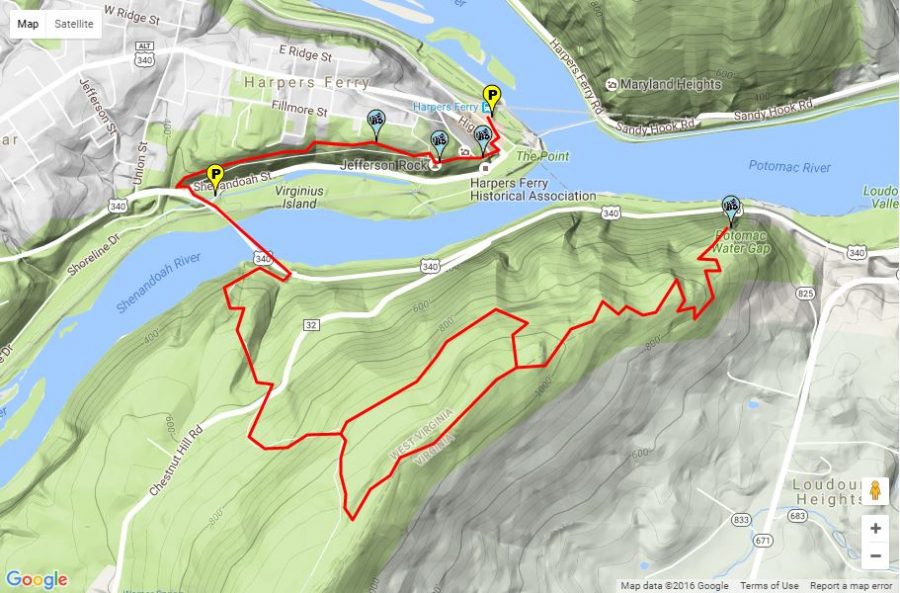 Photo courtesy of hikingupward.com. The picture above shows a  trace of the trail on Google Maps. The circle near the middle of the trail shows where you have a choice to go either left or right, the right trail being slightly more difficult than the one on the left.