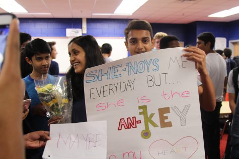 Freshman Aarush Agashe asks freshman Ankitha Shenoy to homecoming with a dance to the tune of Cold Water by Major Lazer ft Justin Bieber.