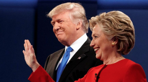 Hillary Clinton and Donald Trump stand together before beginning the first televised Presidential Debate of the 2016 campaign.