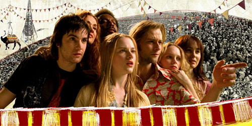 The cast of "Across the Universe," a movie with only Beatles songs for the soundtrack, looks forward with the artistic background for the "For the Benefit of Mr. Kite!" scene. Courtesy of www.popmatters.com