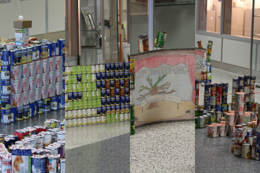 From left to right, class of 2017, 2018, 2019 and 2020s canned food sculptures.