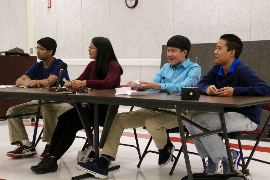 From left to right, Prasad, Tian, Charles Wang, and Franklyn Wang answer a question regarding the skills, outside of science knowledge, gained from competing in Olympiads. Franklyn Wang cited determination, while Tian elaborated on the easy, trusting relationships she has developed.
