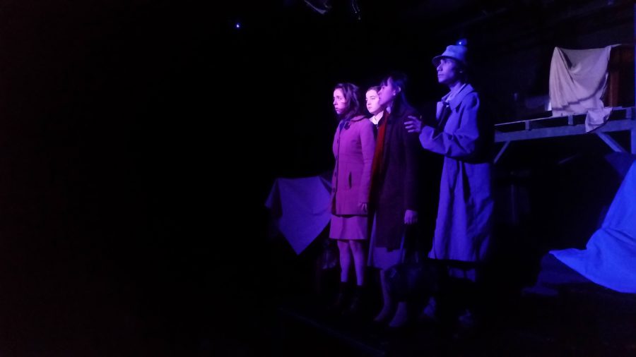 Juliana Gruver, Olivia Johansson, Olympia Hatzilambrou, and Joshua Mutterperl rehearse a scene from the production a day before the first show.