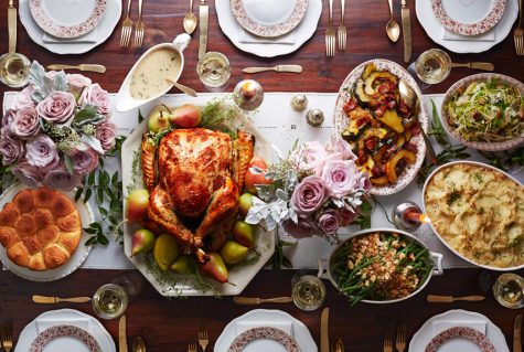 A thanksgiving dinner is laid out