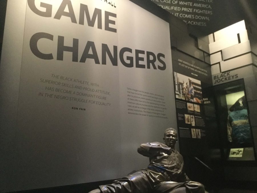 This statue introduces an exhibit that highlights important turning events and pivotal figures in the history of American-American athletics.