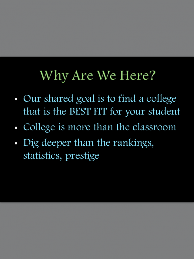 Counselors+give+students+and+parents+a+presentation+on+the+basics+of+the+college+application+process.