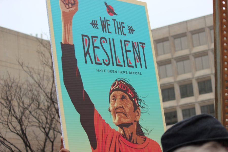 Some marchers were focused on protecting Native American rights, especially at places like Standing Rock. To begin the march, a Native American singer led the crowd in a prayer to bring marchers ancestors spirits back to help the march.